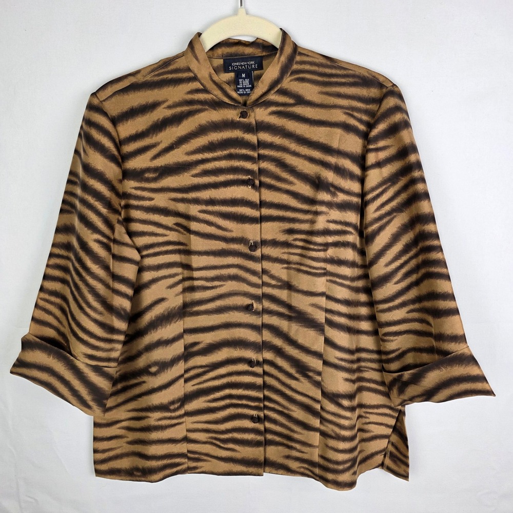 Jones New York Signature Silk Tiger Print Blouse Brown Black Mandarin Collar M